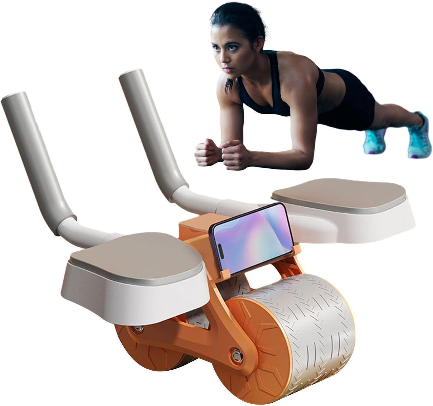 Ab wheel with automatic rebound, exercise roller with elbow support, home abdominal exerciser with phone holder, waist, shoulder and arm exercises.