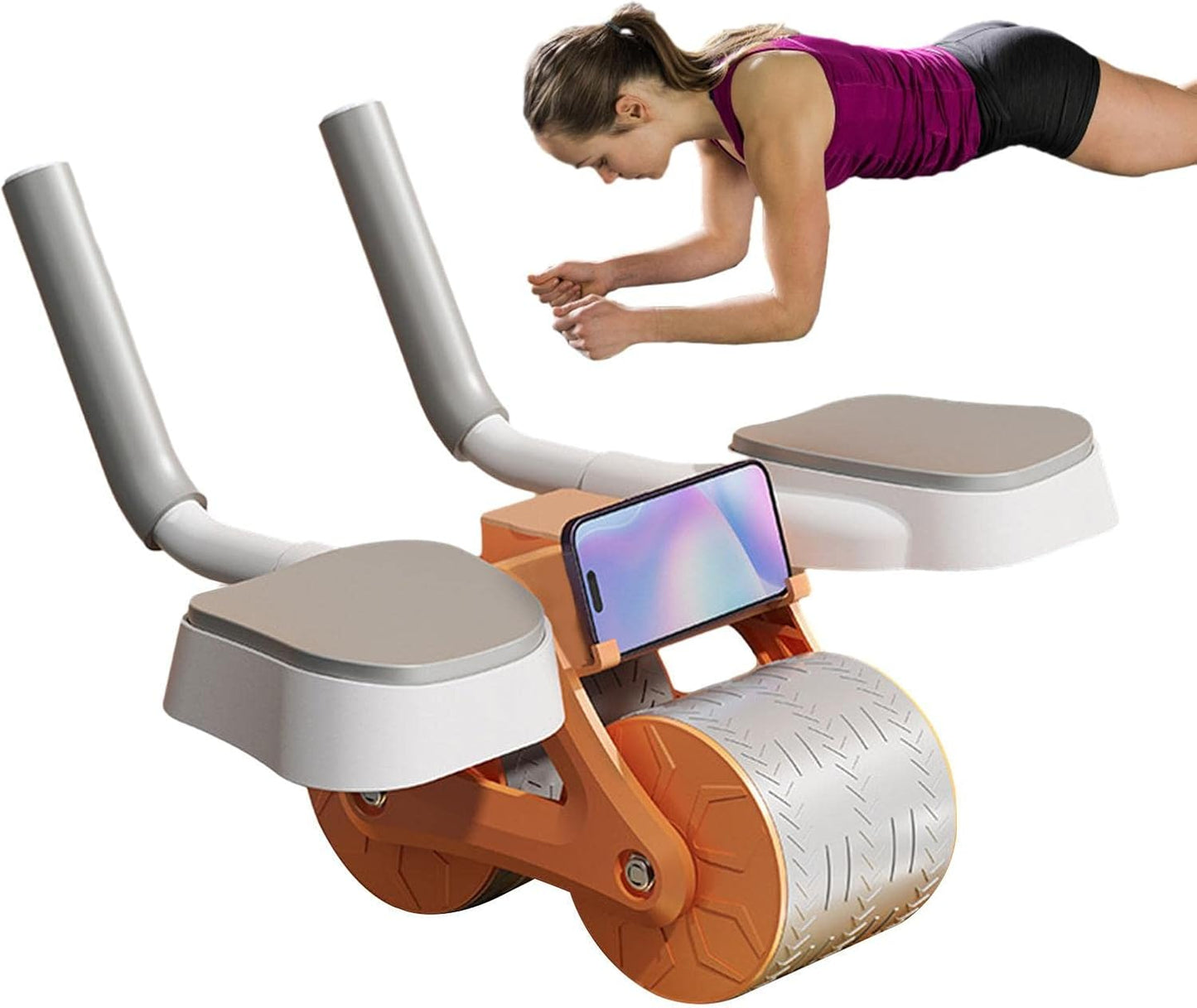 Ab wheel with automatic rebound, exercise roller with elbow support, home abdominal exerciser with phone holder, waist, shoulder and arm exercises.