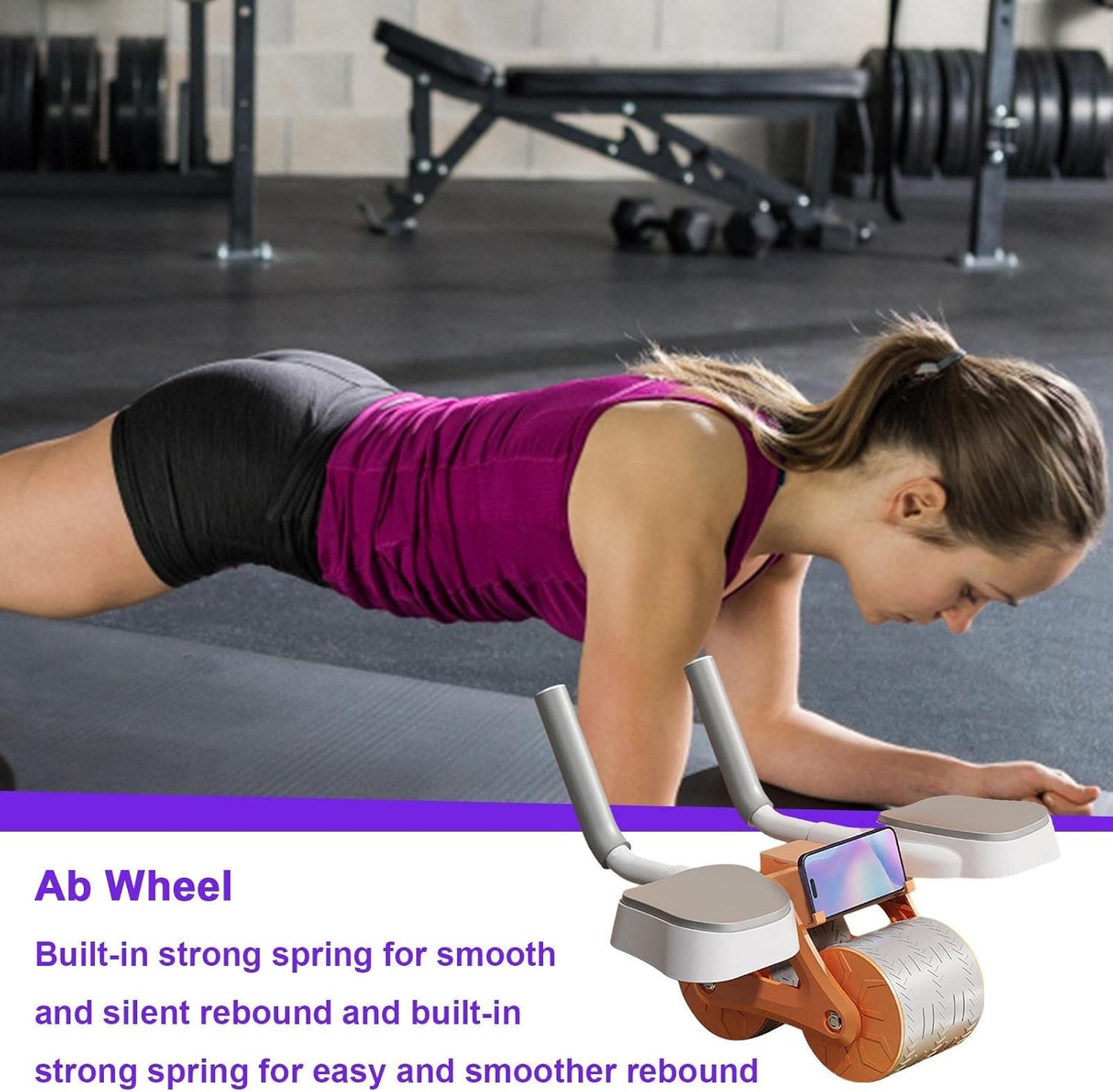 Ab wheel with automatic rebound, exercise roller with elbow support, home abdominal exerciser with phone holder, waist, shoulder and arm exercises.