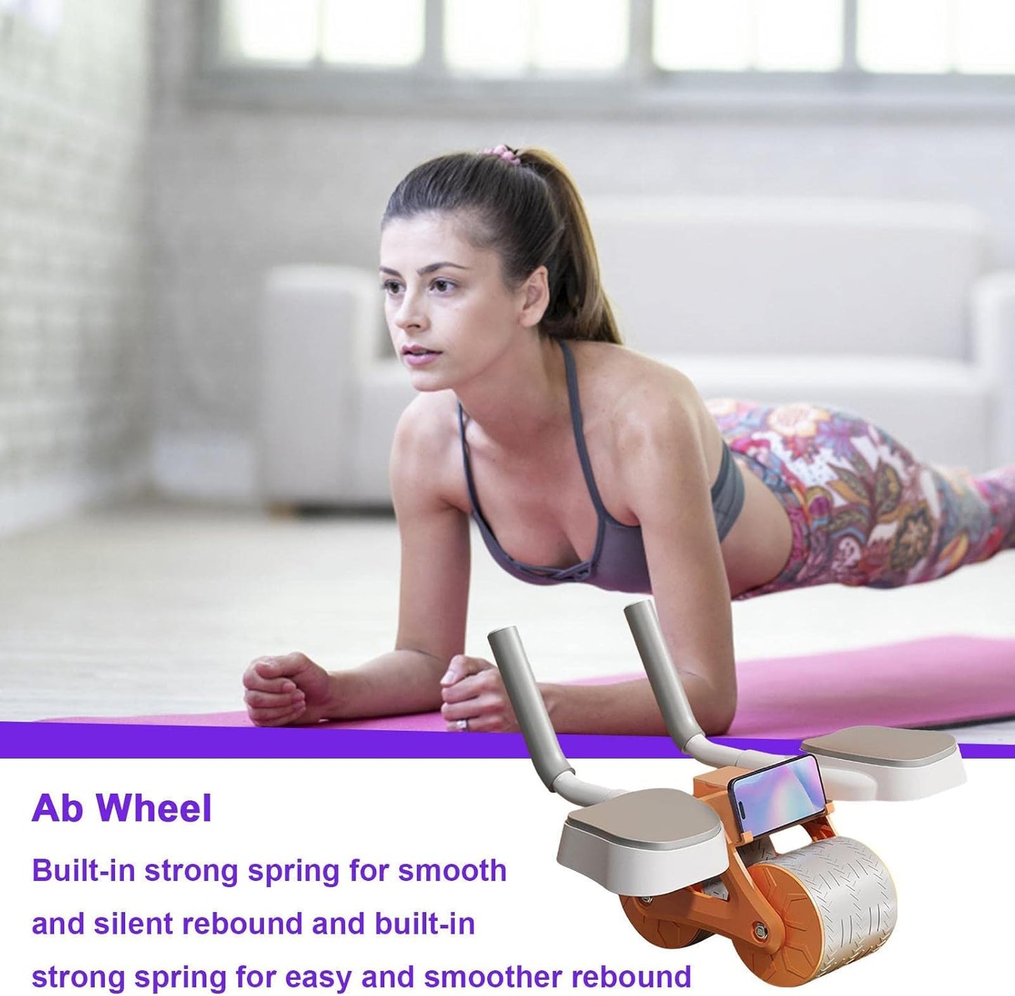 Ab wheel with automatic rebound, exercise roller with elbow support, home abdominal exerciser with phone holder, waist, shoulder and arm exercises.