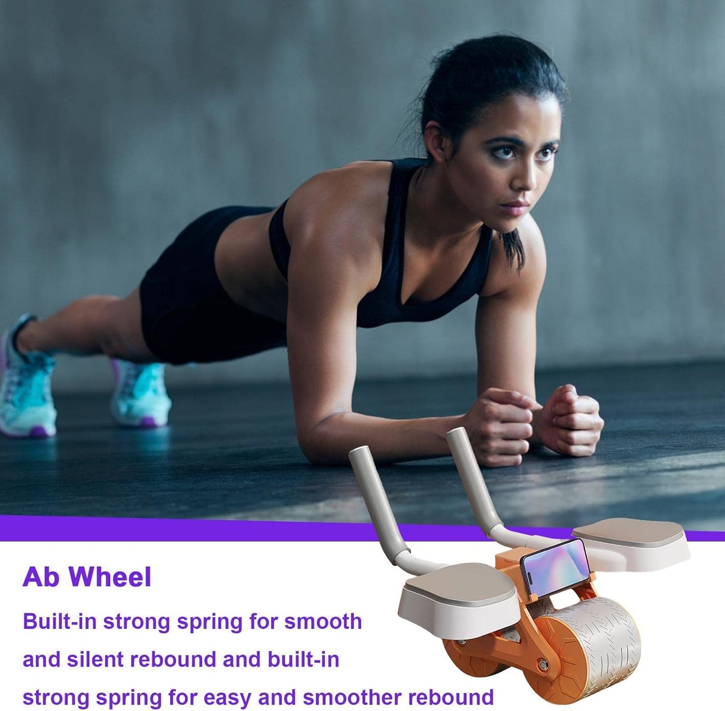 Ab wheel with automatic rebound, exercise roller with elbow support, home abdominal exerciser with phone holder, waist, shoulder and arm exercises.